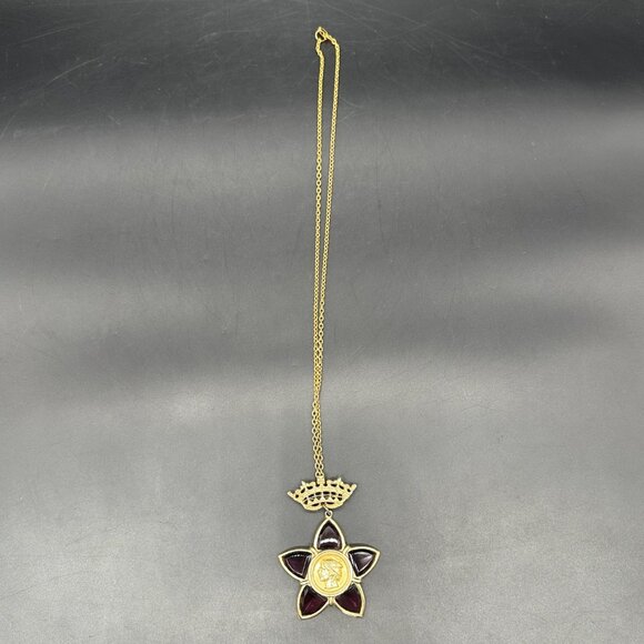 Vintage Amethyst Gripoix Glass Star Coin Brooch Pendant Necklace Julius Caesar - Picture 6 of 12